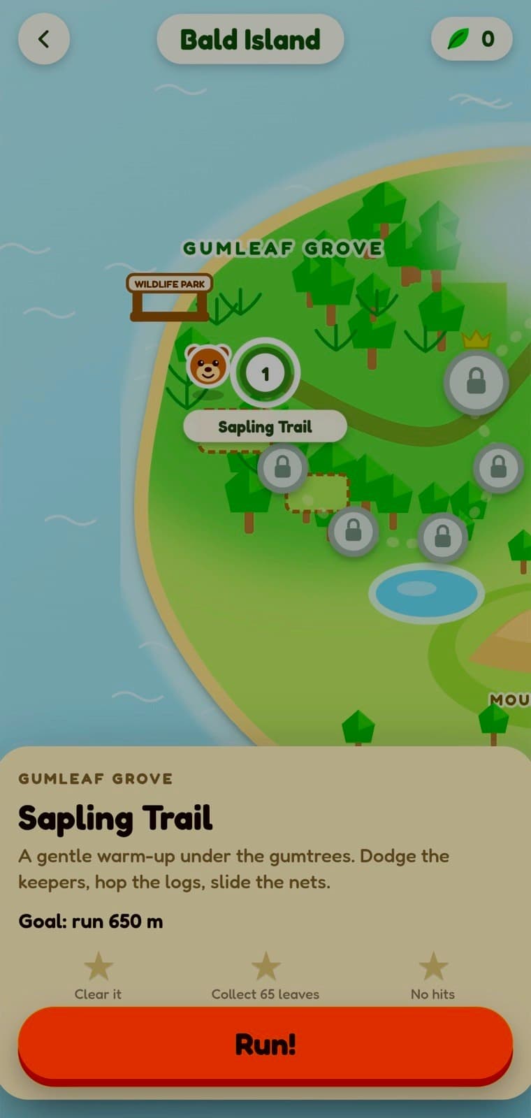 The Bald Island campaign map showing Gumleaf Grove and the trail ahead.