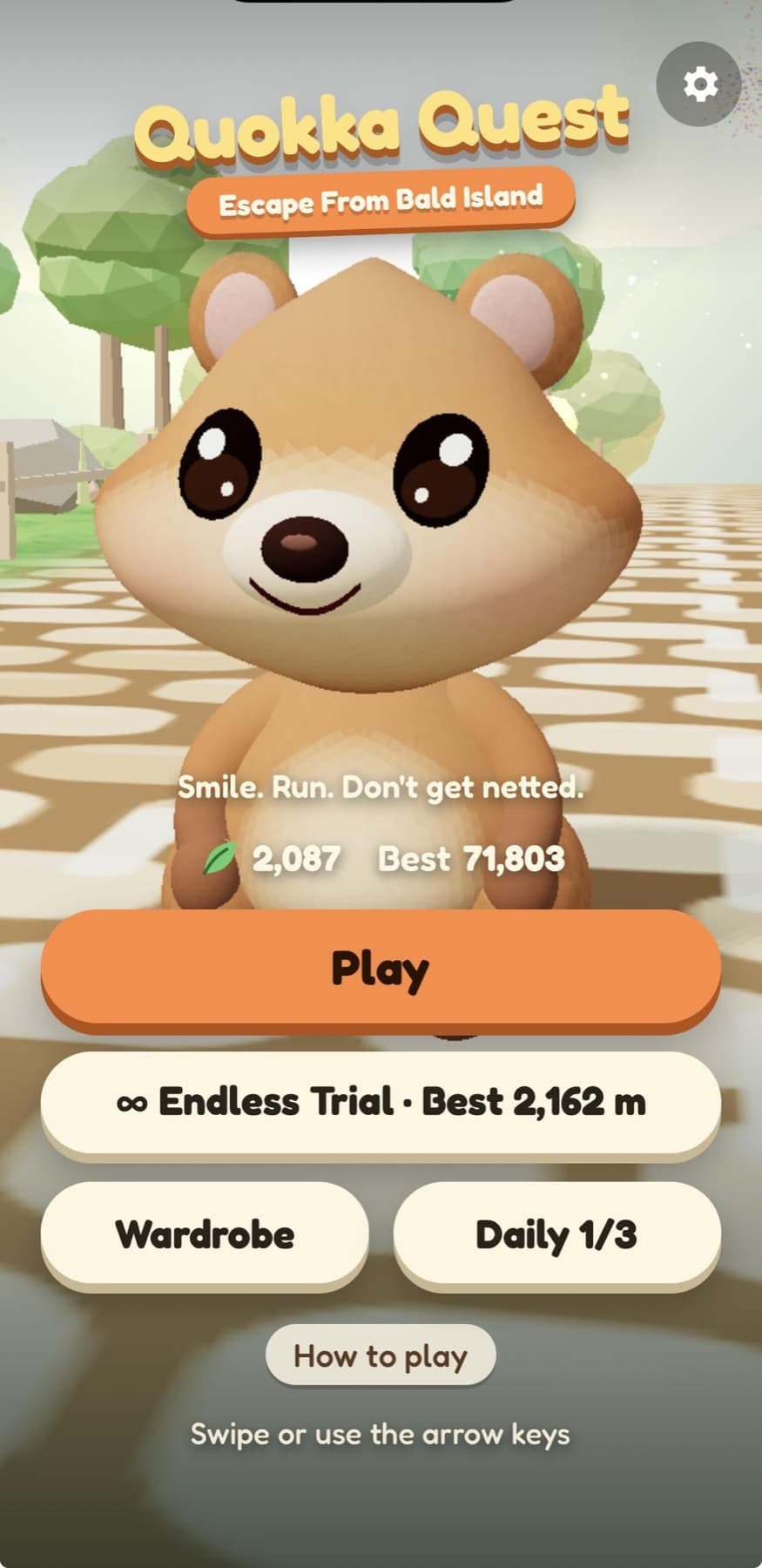 Quokka Quest title screen with the smiling hero and Escape From Bald Island logo.